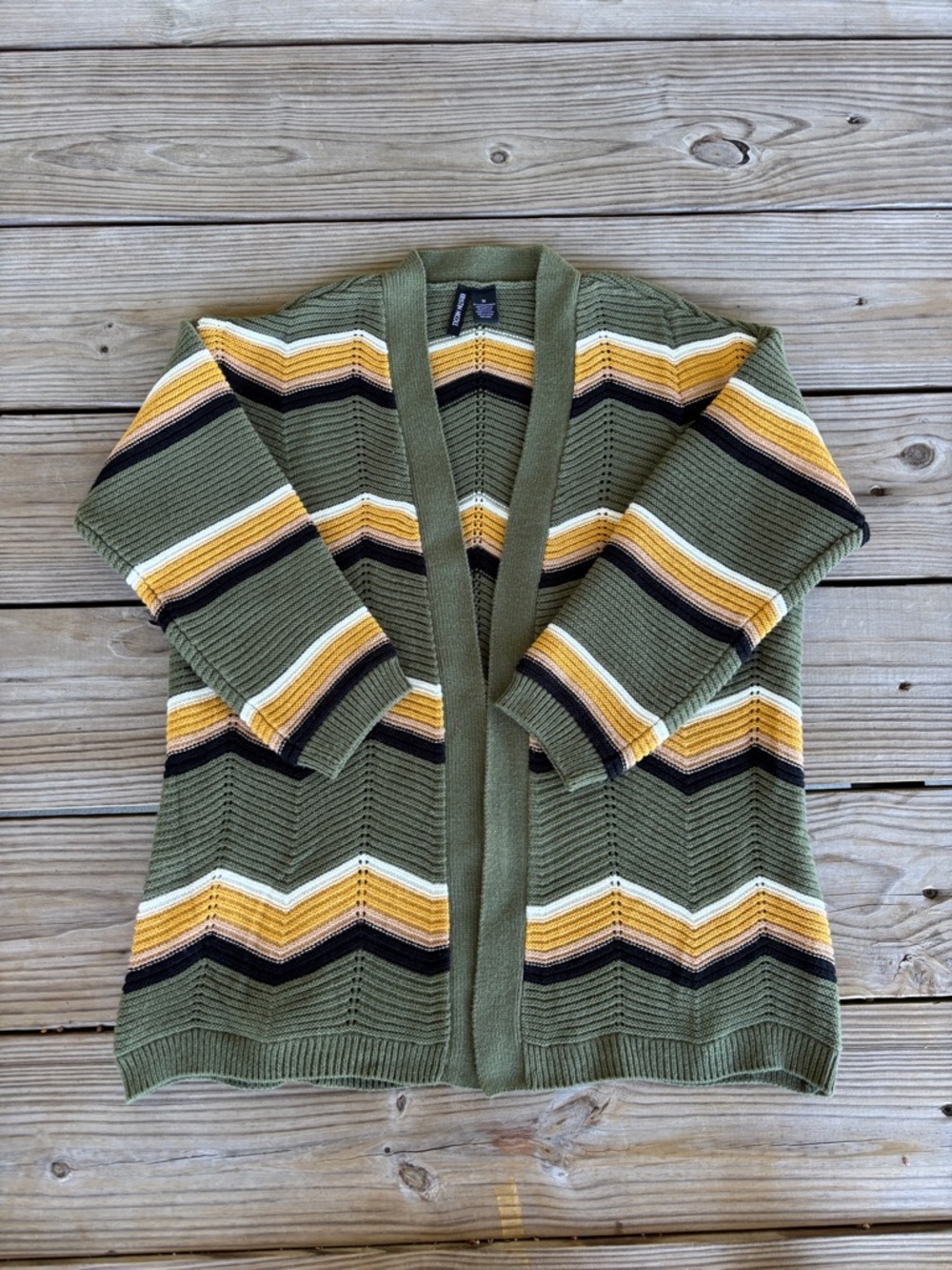 Olive Green Striped Open Front Cardigan with Mustard & Black Accents